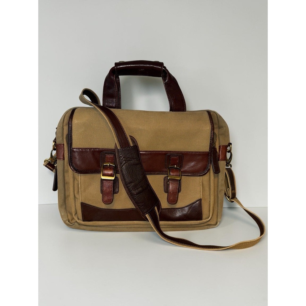Bosca Leather & Canvas Messenger‎ Bag Briefcase Tan & Brown Attache Laptop Work
